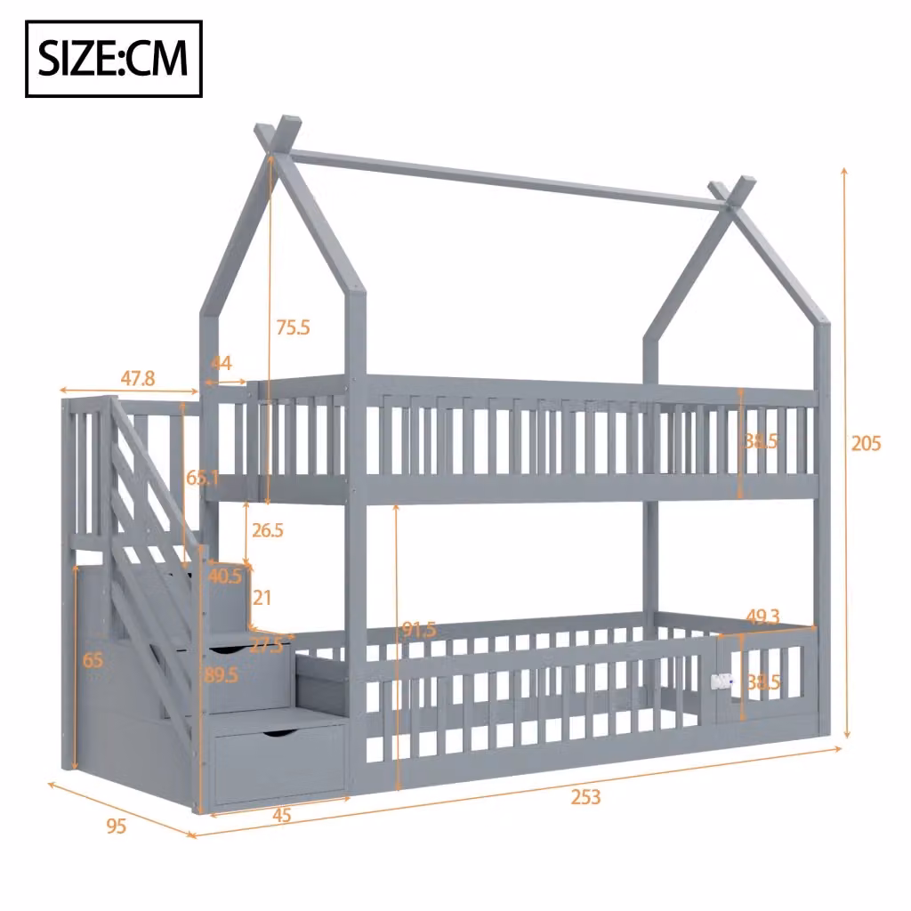 Letto a castello REDOM per bambini in legno di pino e MDF grigio con scala e struttura a casetta L/P/H: 200 x 90 x 165 cm – 2