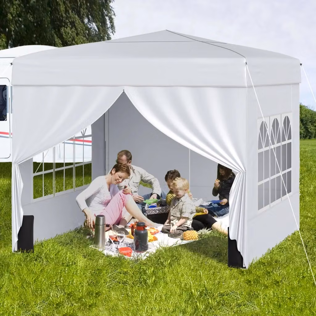 Gazebo da giardino pieghevole impermeabile con 4 pannelli laterali e altezza regolabile in acciaio, Bianco e Argento – 2