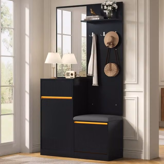 Guardaroba compatto da ingresso con scarpiera; panca; specchio e LED; 105x38x190 cm; nero