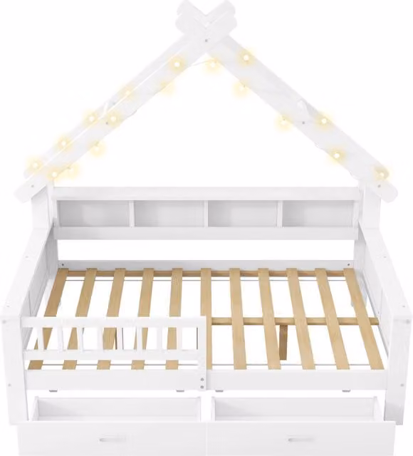 Letto casetta 140 × 200 cm 2 posti con LED, mensole e 2 cassetti, barriera di sicurezza, senza materasso, bianco