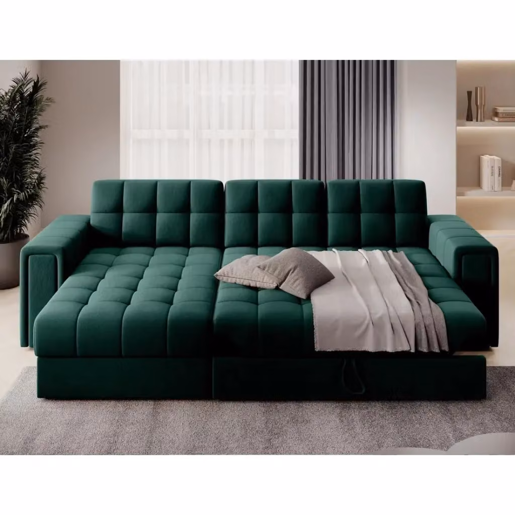 Divano angolare convertibile KAPITARA MEUBLORAMA verde con contenitore e funzione letto, modello moderno a L reversibile in tessuto – 2