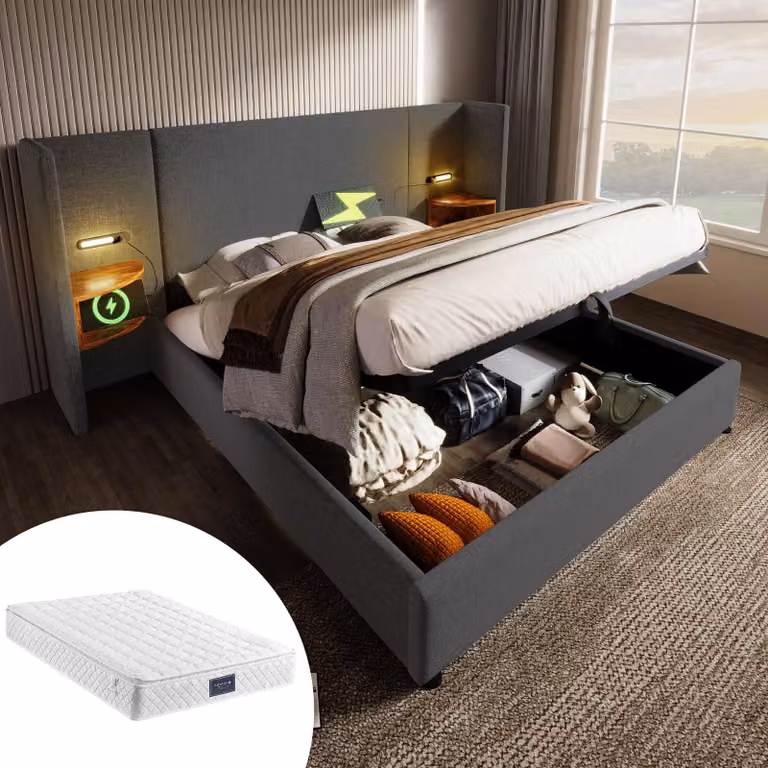 Letto imbottito 160x200 cm con spazio contenitore a sollevamento idraulico, lampada da lettura, 2 porte USB e 2 porte Type-C, ripiano portaoggetti e doghe in legno massello, rivestito in lino, colore grigio