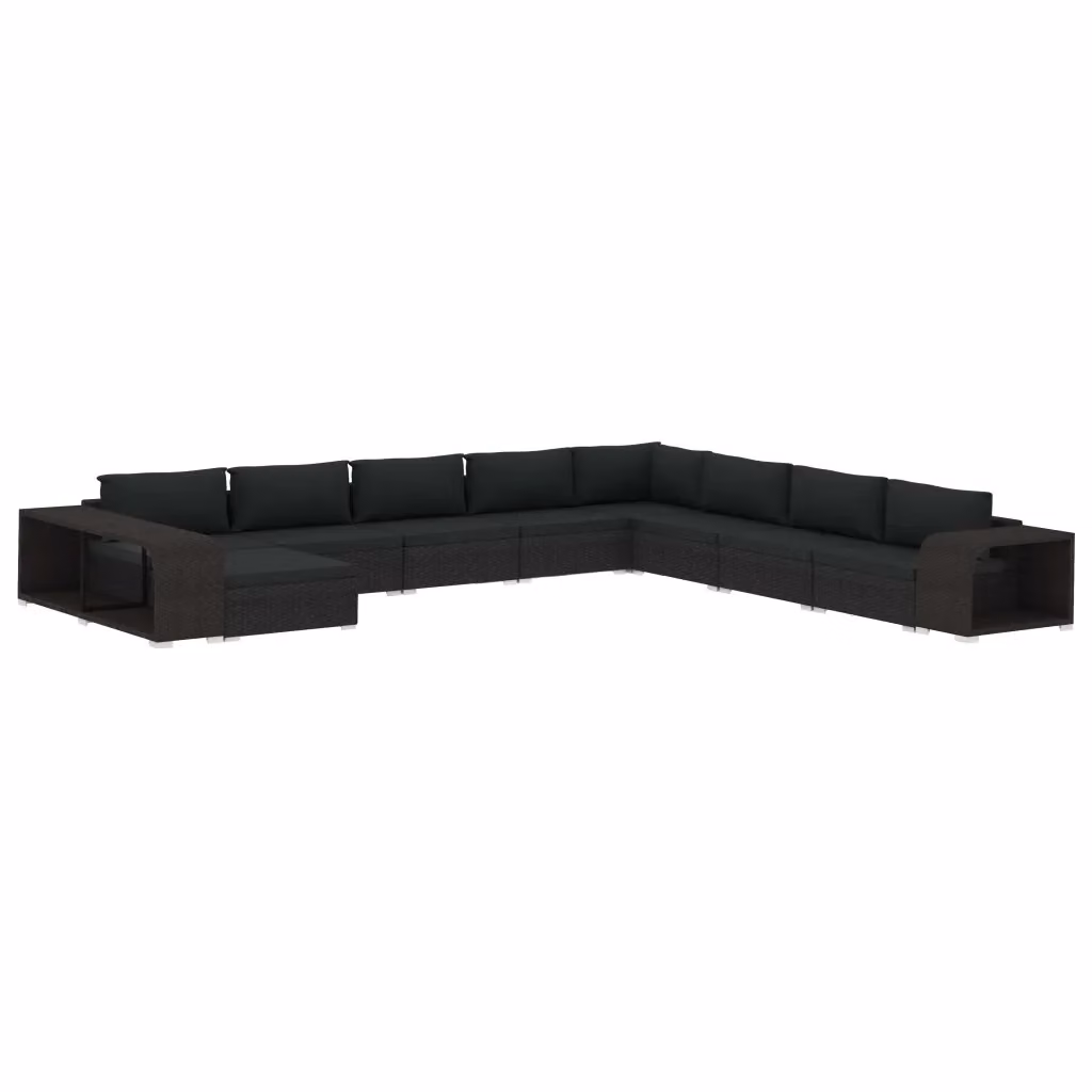 Set da giardino moderno vidaXL composto da 11 pezzi con divano angolare, tavolino e pouf in rattan nero e struttura in acciaio con cuscini inclusi – 2