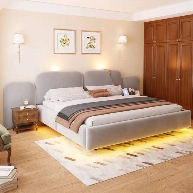 Letto imbottito 180x200 con contenitore idraulico e LED RGB; velluto grigio