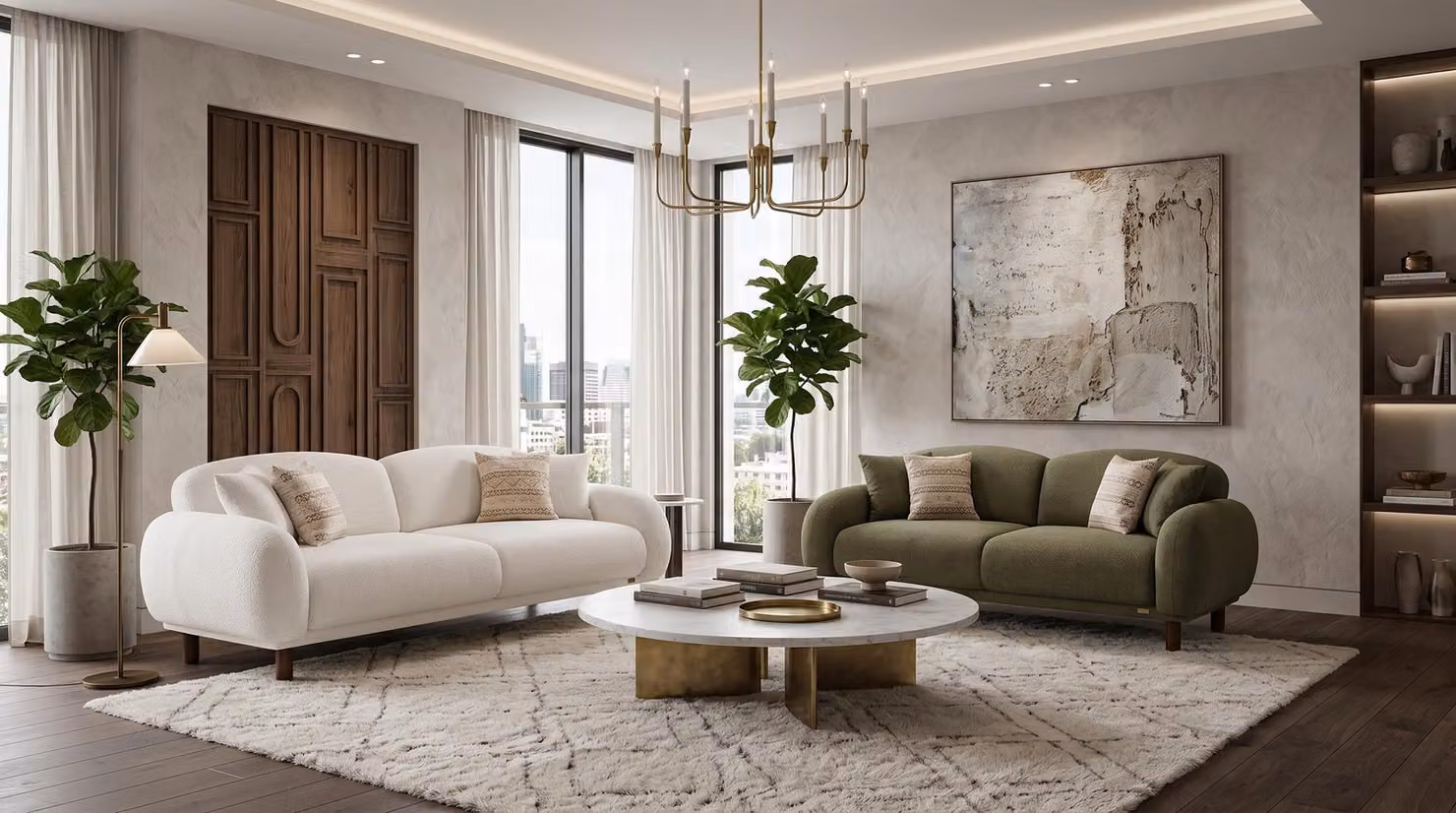 Set di divani per soggiorno nei colori beige e kaki, divani in tessuto, mobili di design