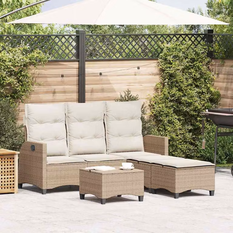 Set Divano da Giardino a L vidaXL in Polyrattan Beige con Cuscini e Pouf