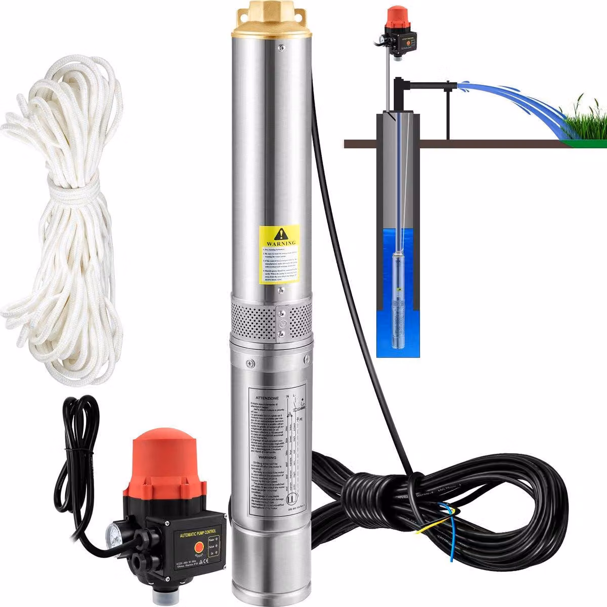 Pompa sommergibile ad alta efficienza - Portata: 105 litri/minuto - Potenza: 750W - Frequenza: 50Hz - Altezza massima di sollevamento: 62 metri