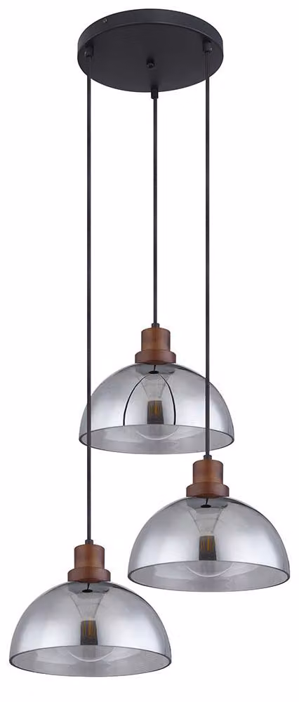Lampada a sospensione, nera, rotonda, vetro, legno, H 120 cm