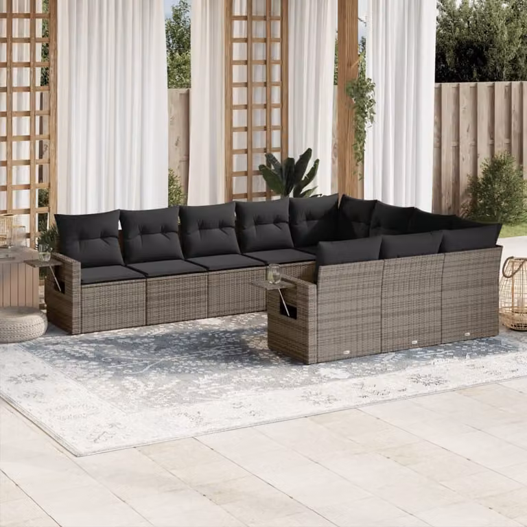 vidaXL Set Divano da Giardino 10 pz in Polyrattan Grigio con Cuscini e Tavolino