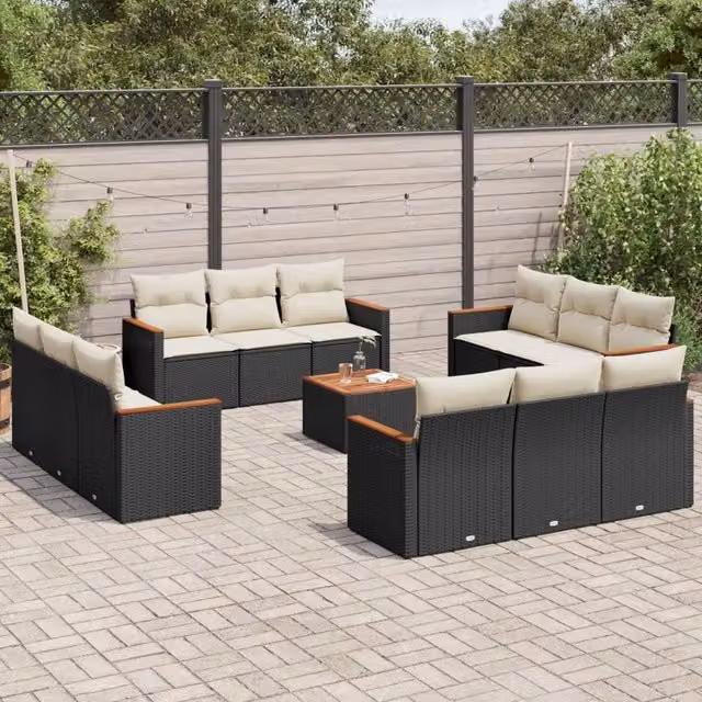 Set di Divani da Giardino a Forma di U vidaXL in Polyrattan Nero con Cuscini e Tavolino da Esterno – 1