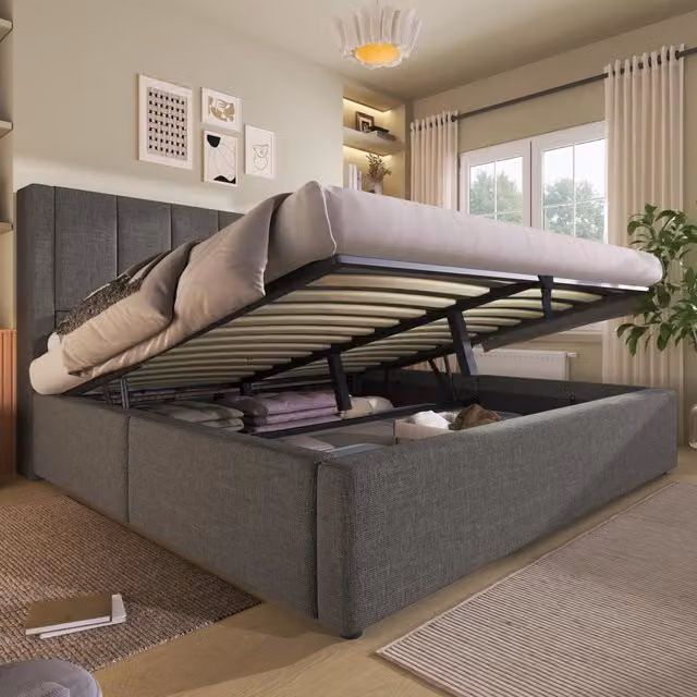 Letto contenitore Mivray con testiera imbottita in lino grigio, ricarica USB Type-C e portabicchieri, L/P/H: 180 x 200 x 115 cm