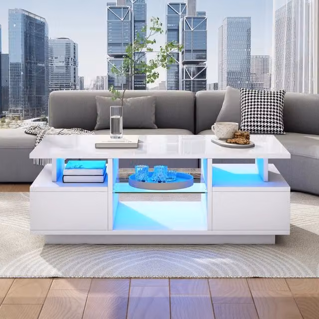 Tavolino da Salotto Bianco 100x50x36 cm con 2 Cassetti, LED Alta Lucenza, Vano Aperto e Divisorio in Vetro