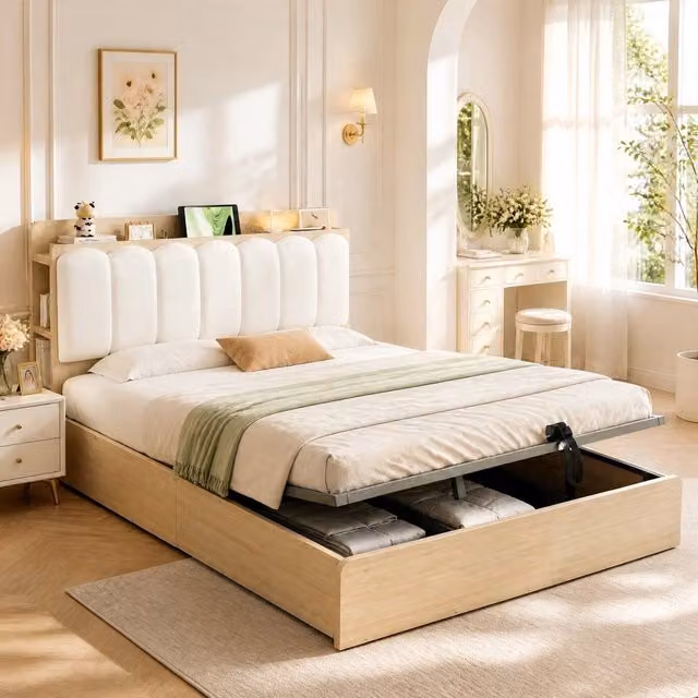 Letto multifunzione 140x200 cm con contenitore idraulico; USB e luce notturna; legno naturale e beige