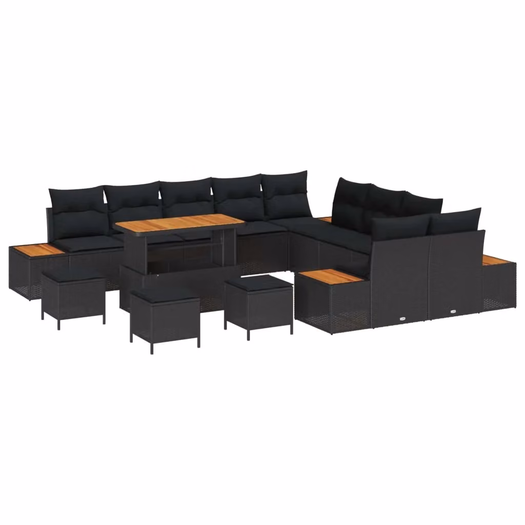 Set Divano da Giardino a Forma di U vidaXL Nero con Cuscini e Tavolino da Esterno in Acciaio e Legno di Acacia – 2