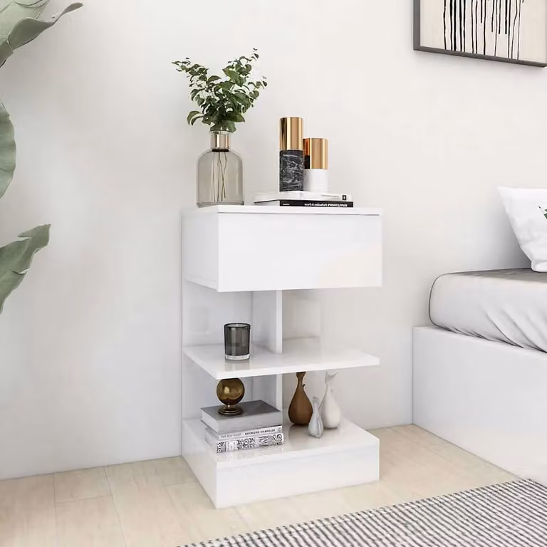 Comodino moderno vidaXL Bianco lucido in legno MDF L: 40 cm, P: 35 cm, H: 65 cm
