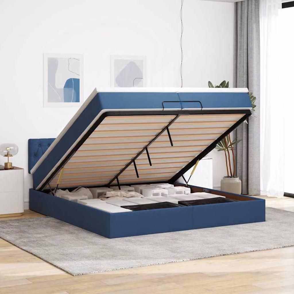 vidaXL Struttura Letto con Materasso e Contenitore a Sollevamento, Blu e Bianco, L/P: 200 x 200 cm