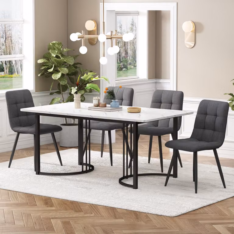 Set da pranzo Sweiko (5 pezzi), set tavolo da pranzo con 4 sedie, set tavolo da cucina moderno, tavolo da cucina 140×80 cm con gambe in metallo nero, piano tavolo in MDF bianco, sedie da pranzo in lino grigio scuro