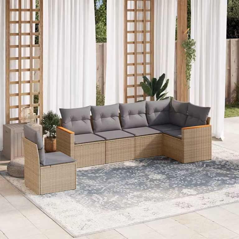 vidaXL Set Divano da Giardino a L in Polyrattan con Cuscini Beige e Grigio per 6 Persone