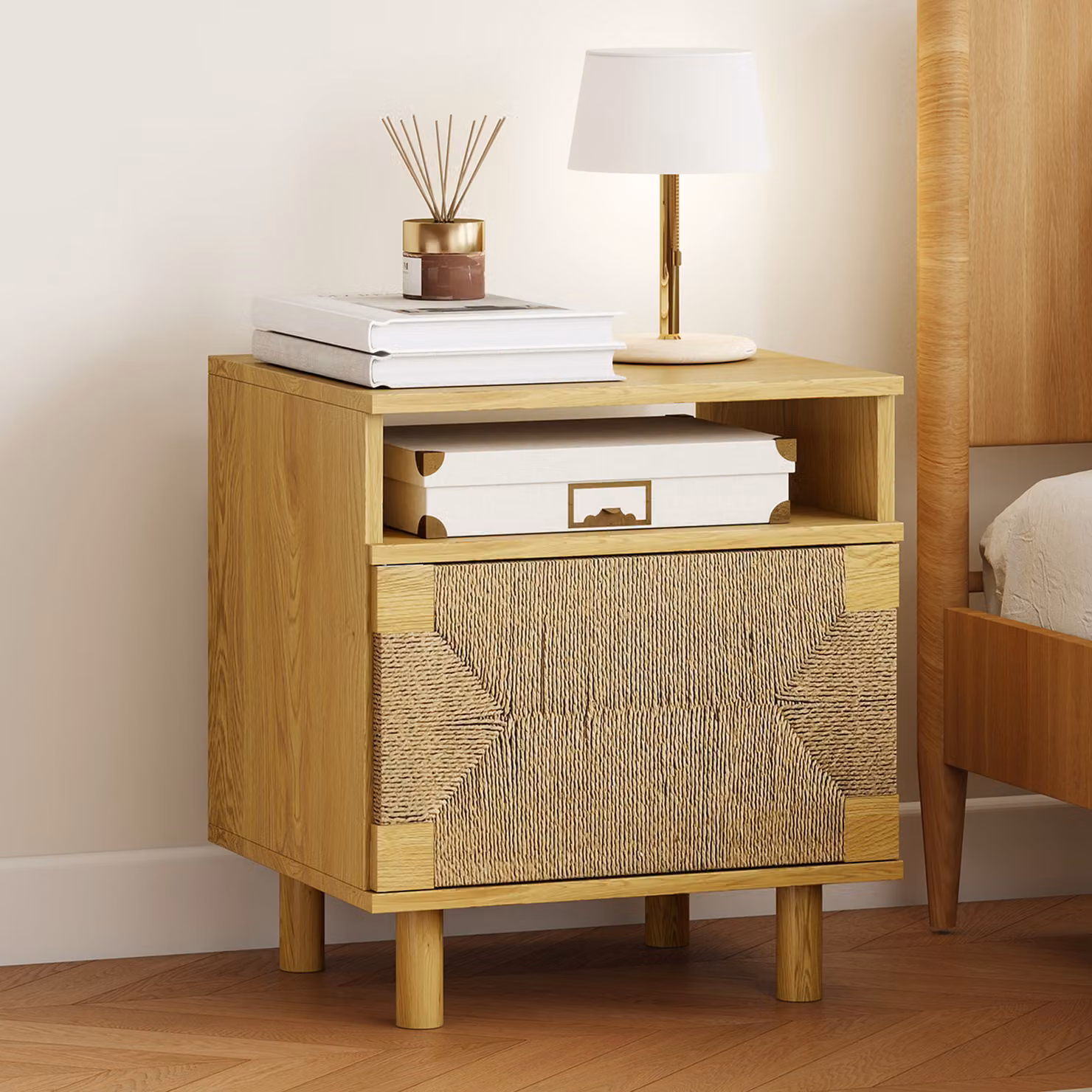 Comodino Bohemien HOMCOM in Rovere con Porta in Corda di Carta e Ripiano Aperto, L 45 cm x P 39 cm x H 50 cm – 2