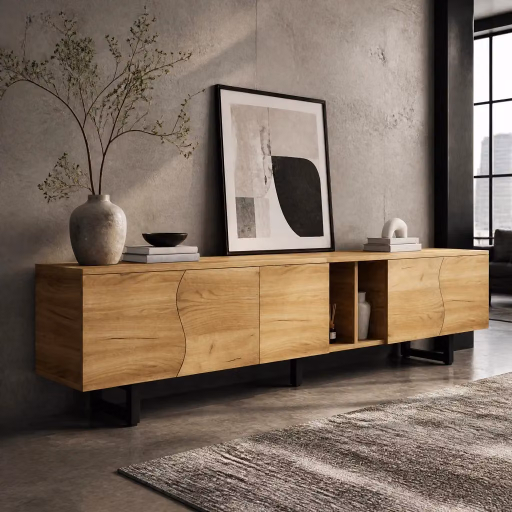 Mobile TV Mivray moderno con ante curve e ripiani aperti in MDF e legno, disponibile in beige o marrone, L: 191 cm, P: 38 cm, H: 46.5 cm – 2