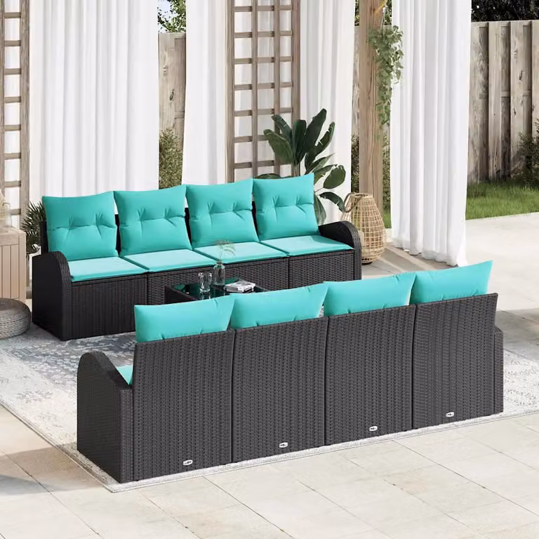 Set di divani da giardino vidaXL in polyrattan a forma di U, 9 pezzi per 8 persone, colore nero e turchese con struttura in acciaio e tavolino in vetro