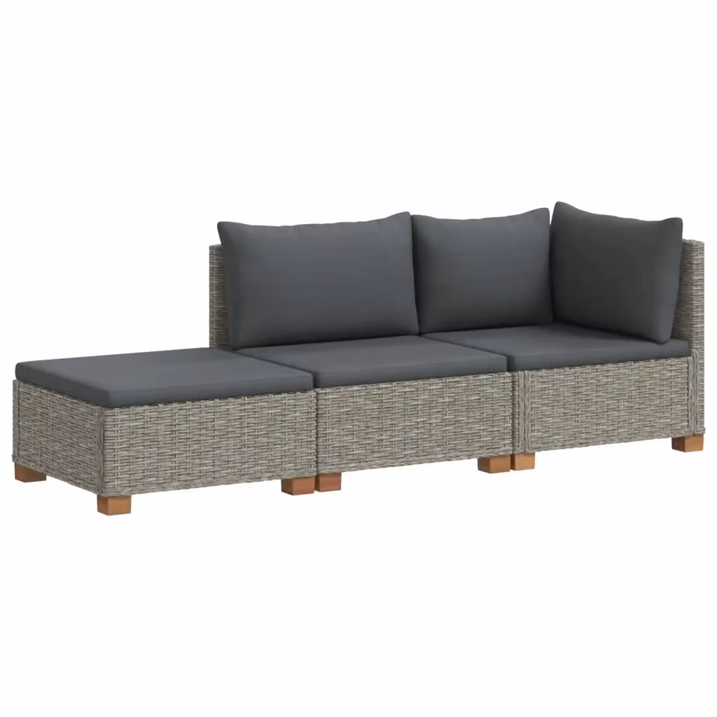 Set Lounge da Giardino vidaXL in Rattan e Legno con Cuscini Grigi, Composizione a L con Divano 2 Posti, Elemento Angolare e Pouf – 2
