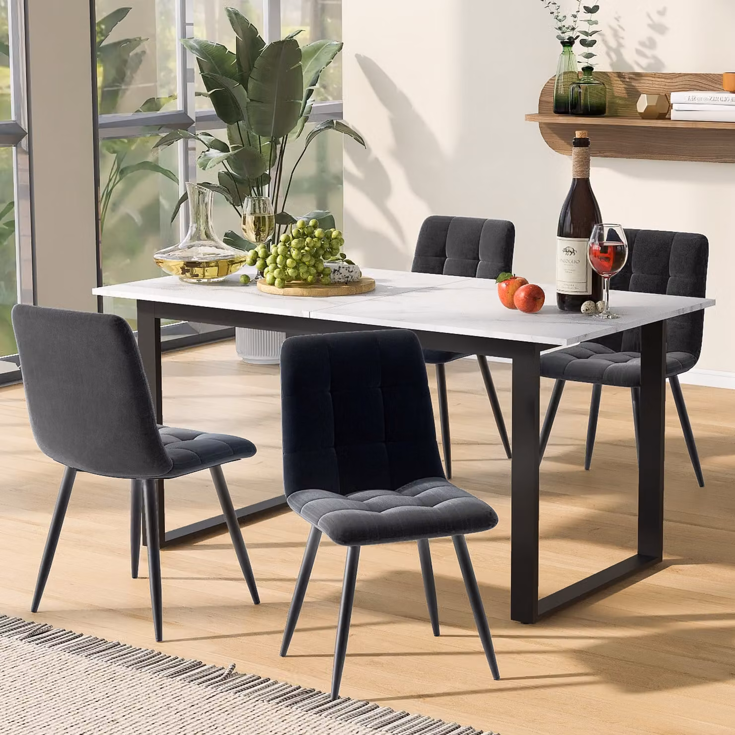 Set da pranzo Sweiko, (set, tavolo da pranzo 140/180×80×75cm con 4 sedie), set di tavoli da cucina moderni, sedia da pranzo in velluto grigio, piano del tavolo in MDF bianco, gambe del tavolo nere