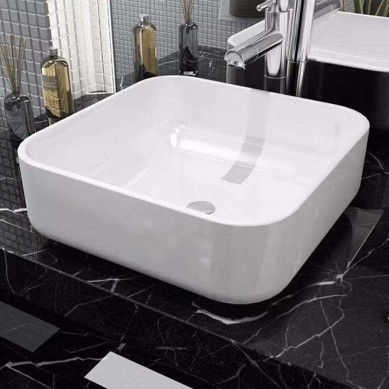 The Living Store Lavabo quadrato in Vetroceramica bianca 39x39x13,5 cm
