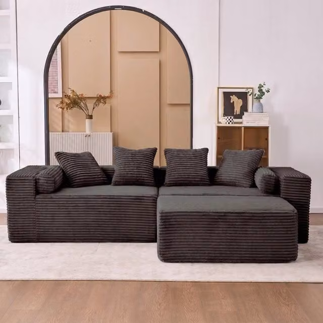 Divano modulare angolare a 3 pezzi con chaise longue nera e grigia in tessuto con imbottitura mista e cuscini inclusi