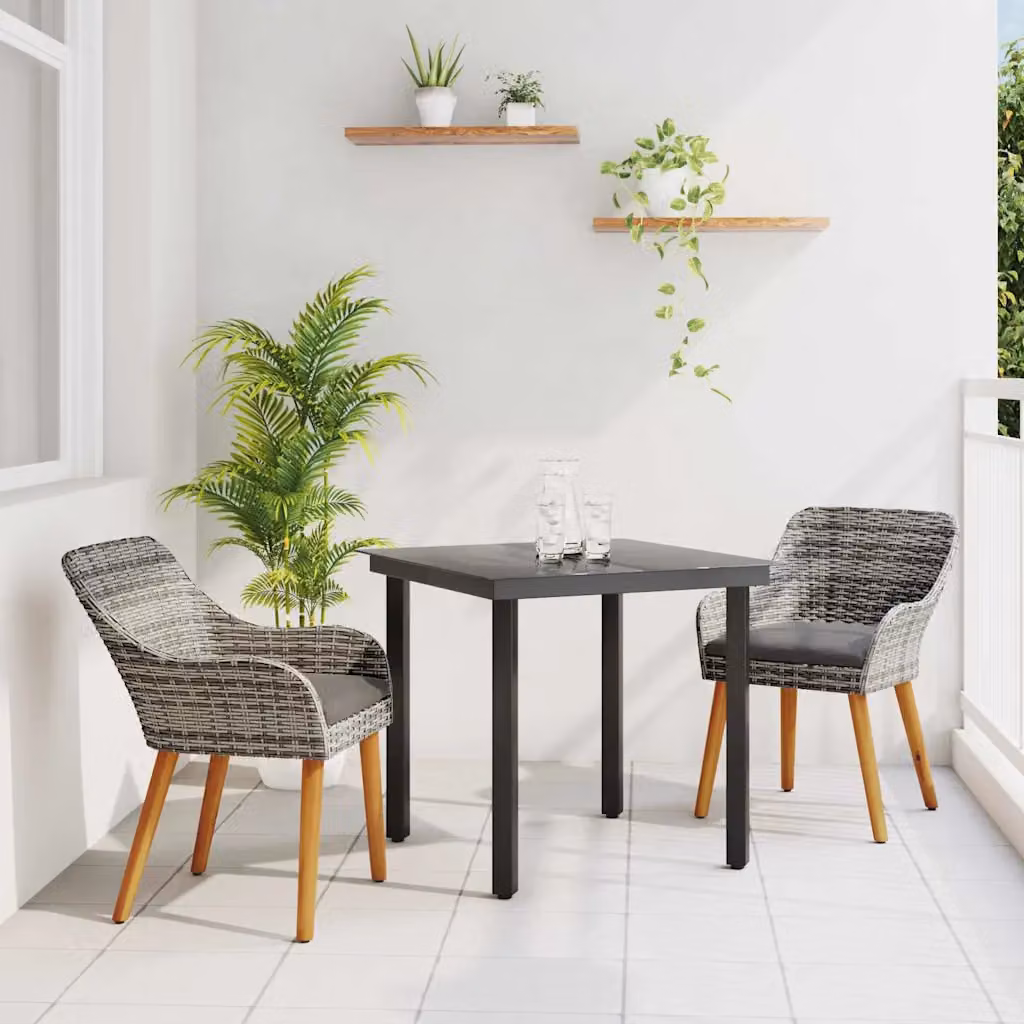 Set da pranzo per giardino e terrazza vidaXL in polyrattan e vetro grigio con 3 pezzi – 1