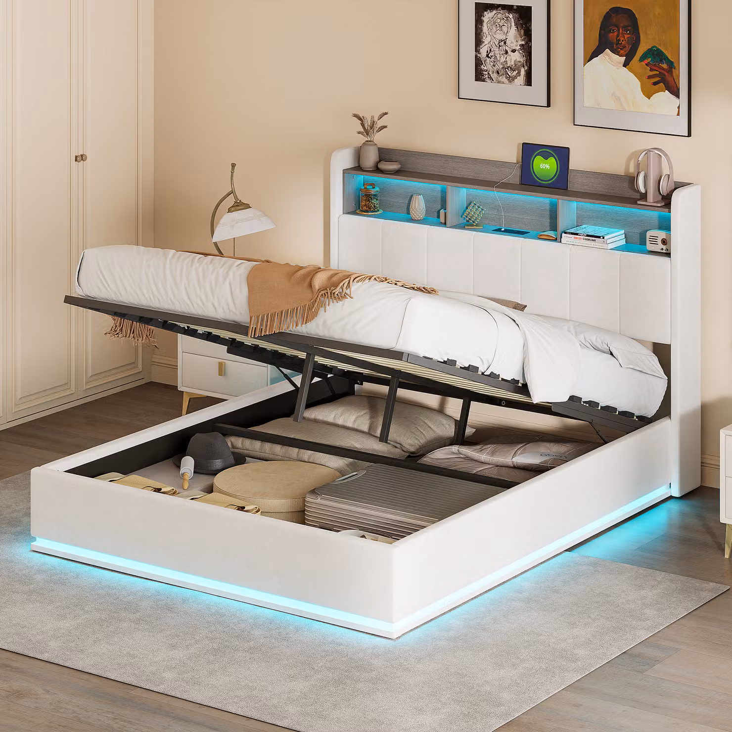 Letto 140x200 cm con illuminazione a LED, contenitore con rete a doghe, prese di corrente, porte USB e di tipo C, rivestito in velluto