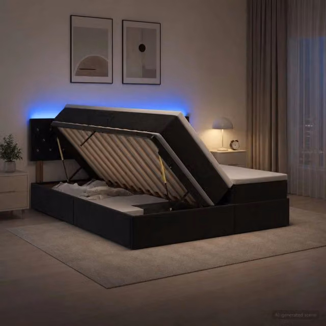 Letto con contenitore e materasso vidaXL in velluto nero con illuminazione LED e porta USB L/P/H: 200 x 200 x 88 cm – 1