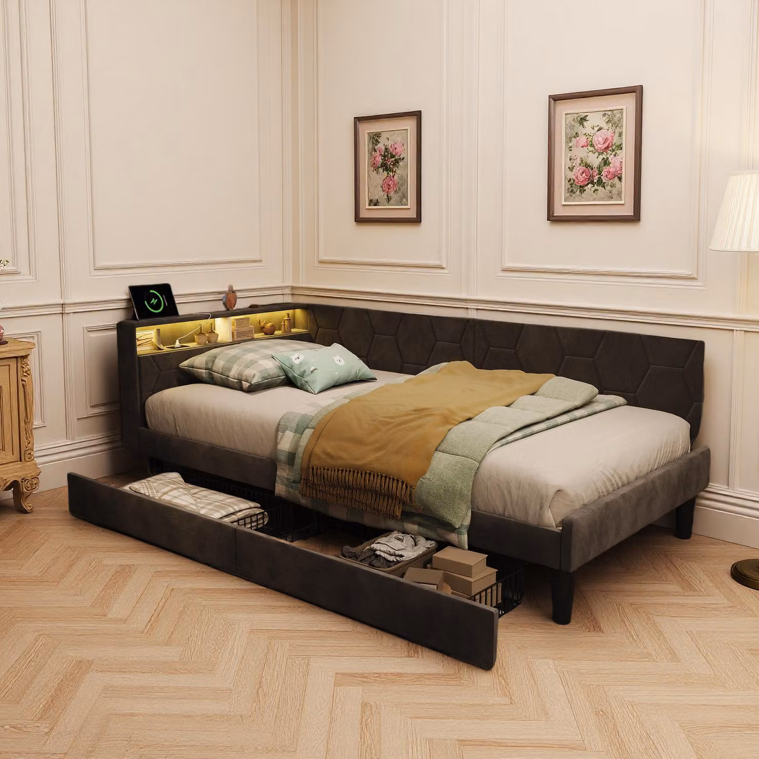 UnboxG Letto imbottito 90x200 cm con vano contenitore nella testiera, illuminazione a LED, USB e Type-C, 2 cassetti, tessuto in velluto grigio, letto singolo Letto per ragazzi Letto funzionale