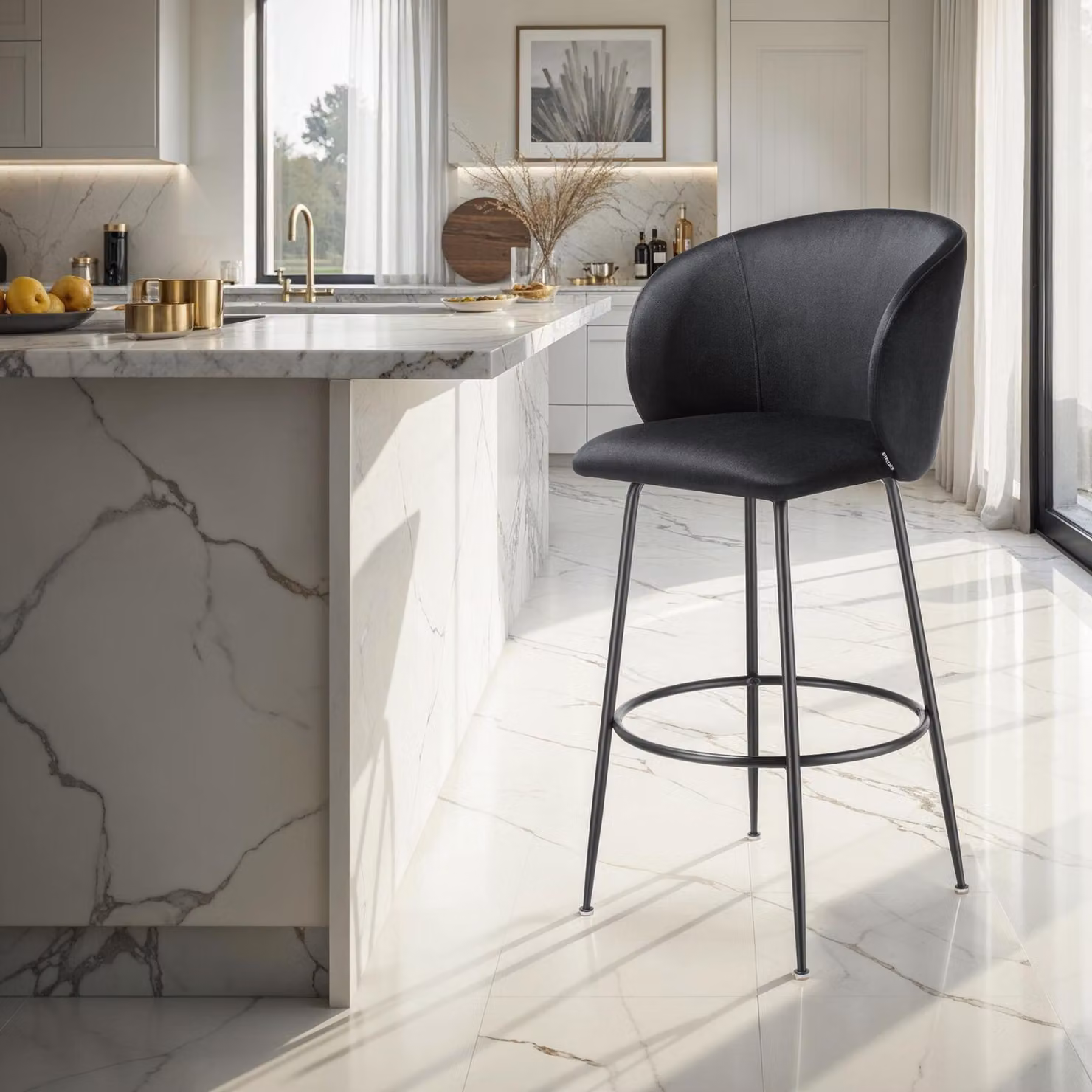 Set di 4 sgabelli Luana TecTake con schienale in effetto velluto nero, design moderno per cucina e soggiorno – 2
