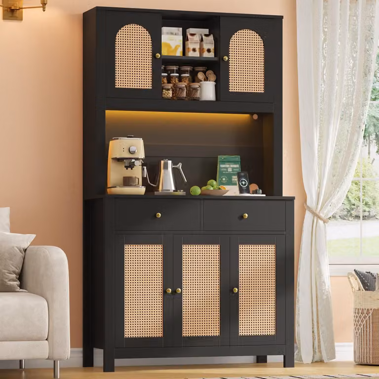 Armadio da cucina con illuminazione a LED e prese elettriche, dispensa con 5 ante in rattan e 2 cassetti, dimensioni 100x40x180 cm, colore nero