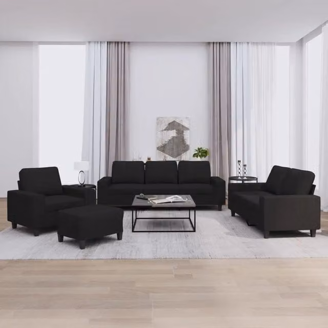 Set di divani moderno vidaXL in tessuto nero composto da un divano a 3 posti, un divano a 2 posti e un pouf con cuscini inclusi