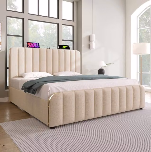 Letto contenitore 140x200 cm beige con materasso H3, USB/Type-C, testiera imbottita e rete