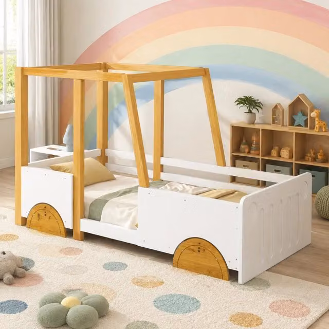 Letto per bambini a forma di auto 90 x 200 cm in legno massello e MDF; bianco