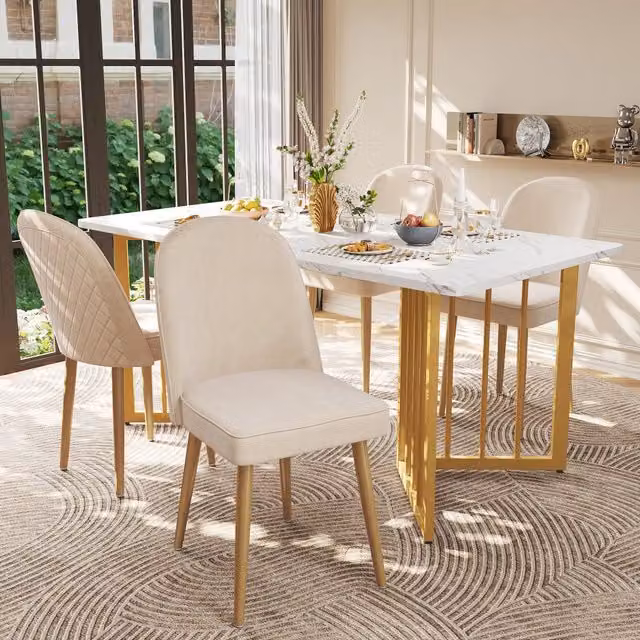 Sedie da sala da pranzo OKWISH in velluto beige con schienale ergonomico e gambe in metallo dorato