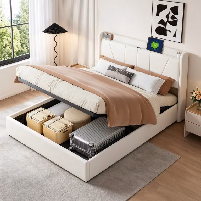 Letto imbottito INONEFT, modello boxspring, 140x200 cm, con porta USB e connettore di tipo C, struttura per letto matrimoniale con spazio contenitore e rete a doghe. Senza materasso, lenzuola e coperta. Colore: beige