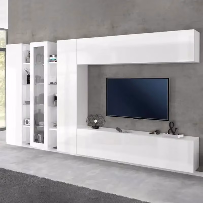 Parete attrezzata Joy Wide Shopinnotivo bianco lucido con mobile TV, vetrina e colonne pensili in stile moderno – 2
