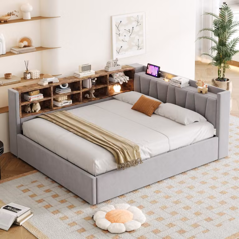 MODFU Letto da giorno 140x200, divano letto, letto per bambini con contenitore e luce notturna; struttura letto multifunzionale con porta di ricarica Type-C e vani portaoggetti, con materasso, grigio chiaro