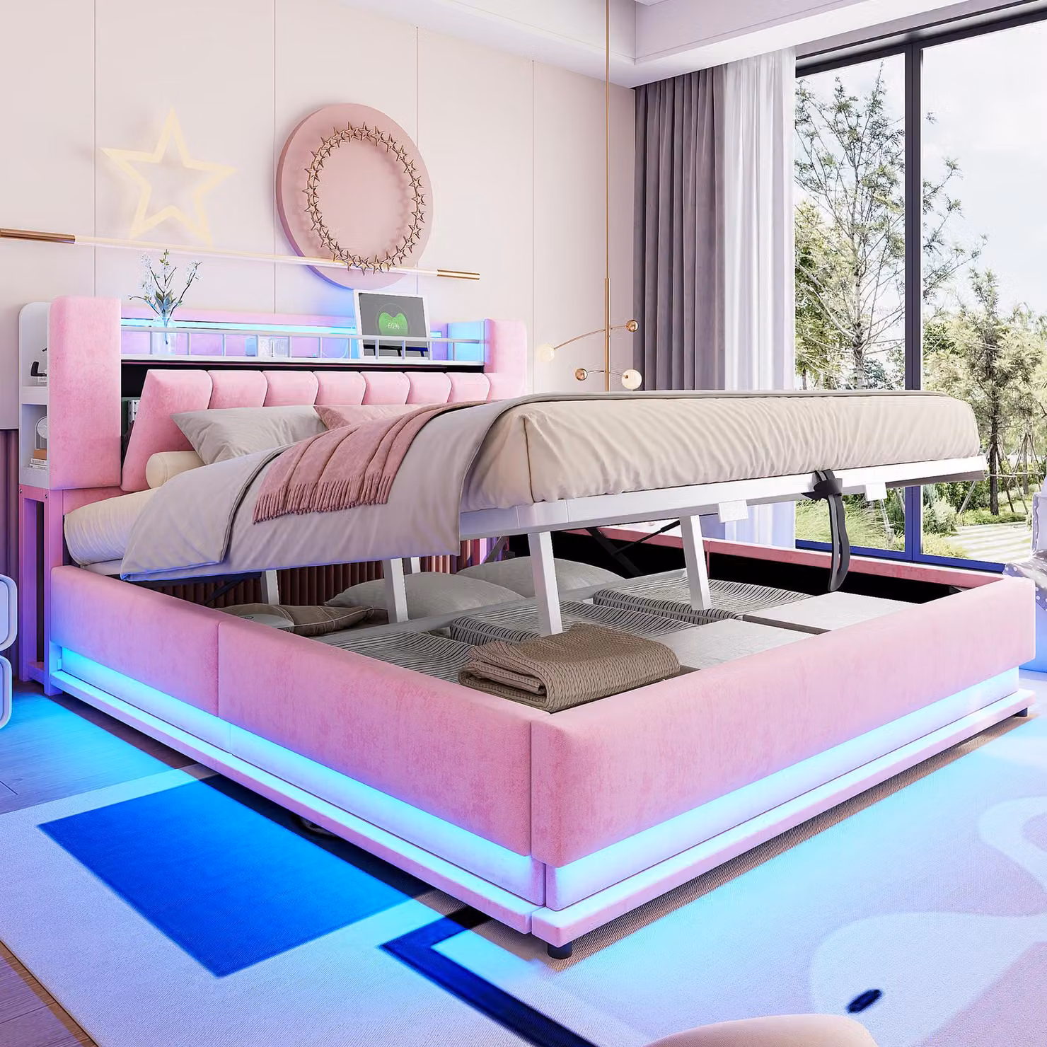 Letto imbottito Merax Smart 180×200 cm con vano portaoggetti idraulico e telaio in metallo, letto matrimoniale con LED e USB rivestito in velluto, rosa