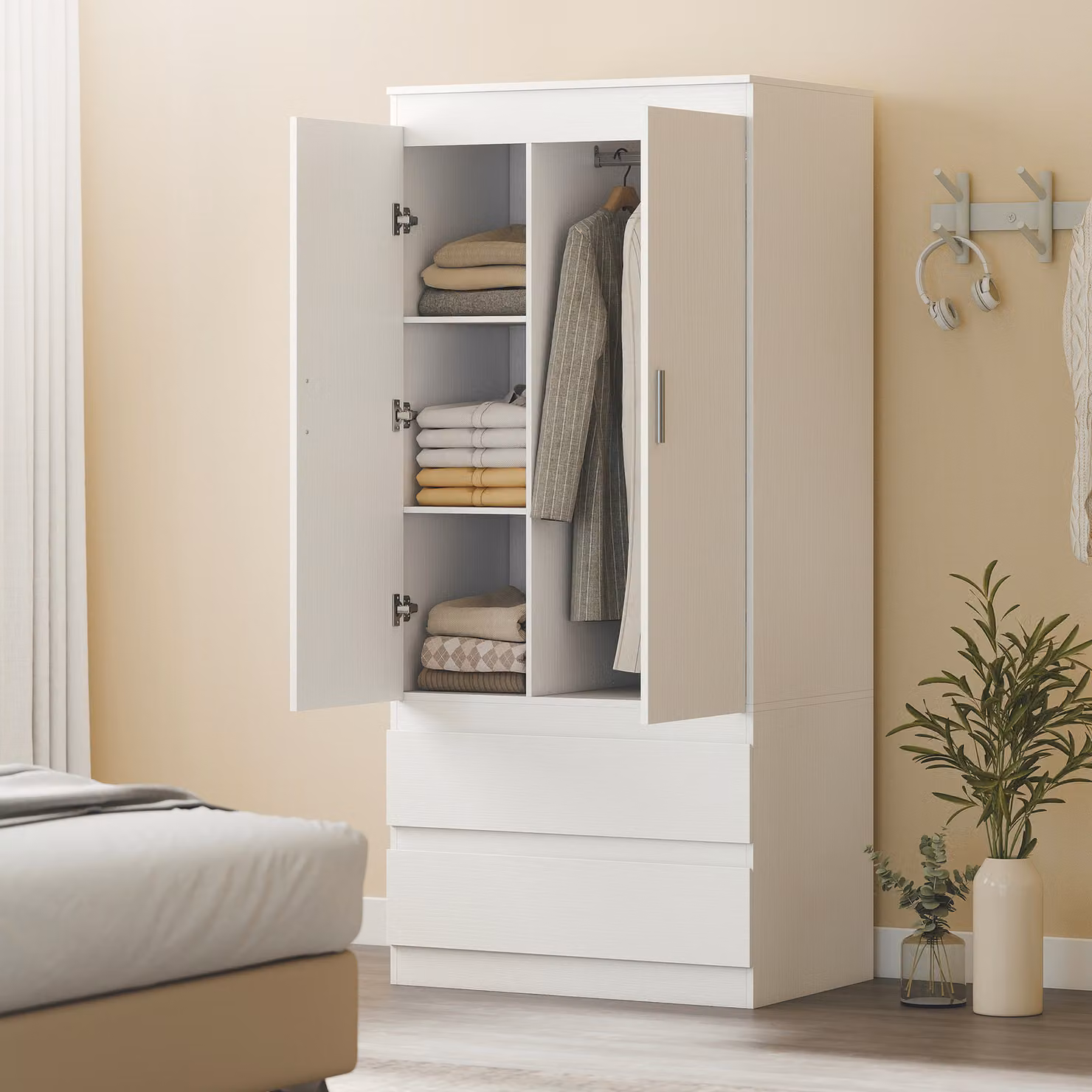 Armadio da camera HOMCOM bianco con 2 ante soft-close, 2 cassetti interni, 3 ripiani e appendiabiti in stile scandinavo – 2