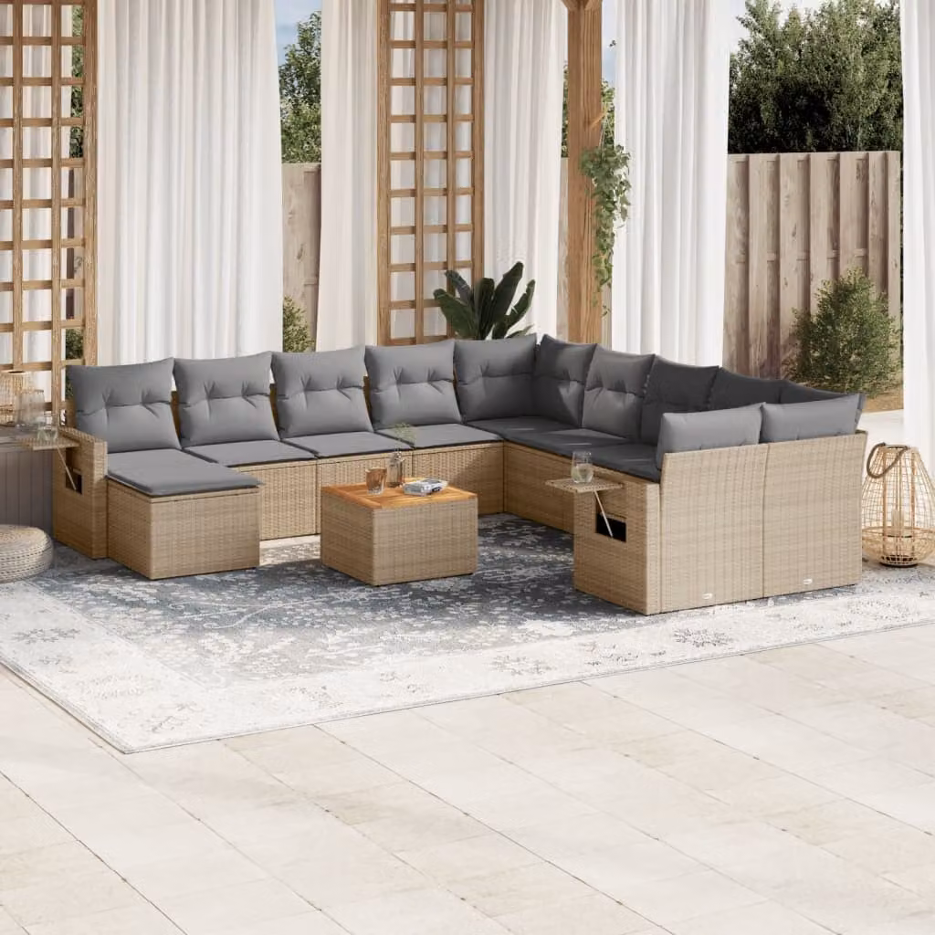 vidaXL Set Divani da Giardino 12 pz in Polyrattan con Cuscini Beige e Tavolino, Design Moderno a U per Terrazza e Giardino – 1