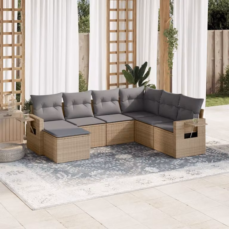 vidaXL Set Divani da Giardino 7 pz in Polyrattan con Cuscini Beige e Grigio e Struttura in Acciaio