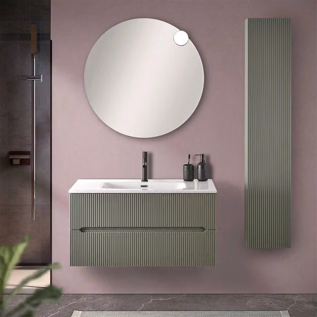 Mobile bagno sospeso cannettato verde Bali con ante e cassetti soft close L: 90 cm, P: 45,4 cm, H: 45 cm