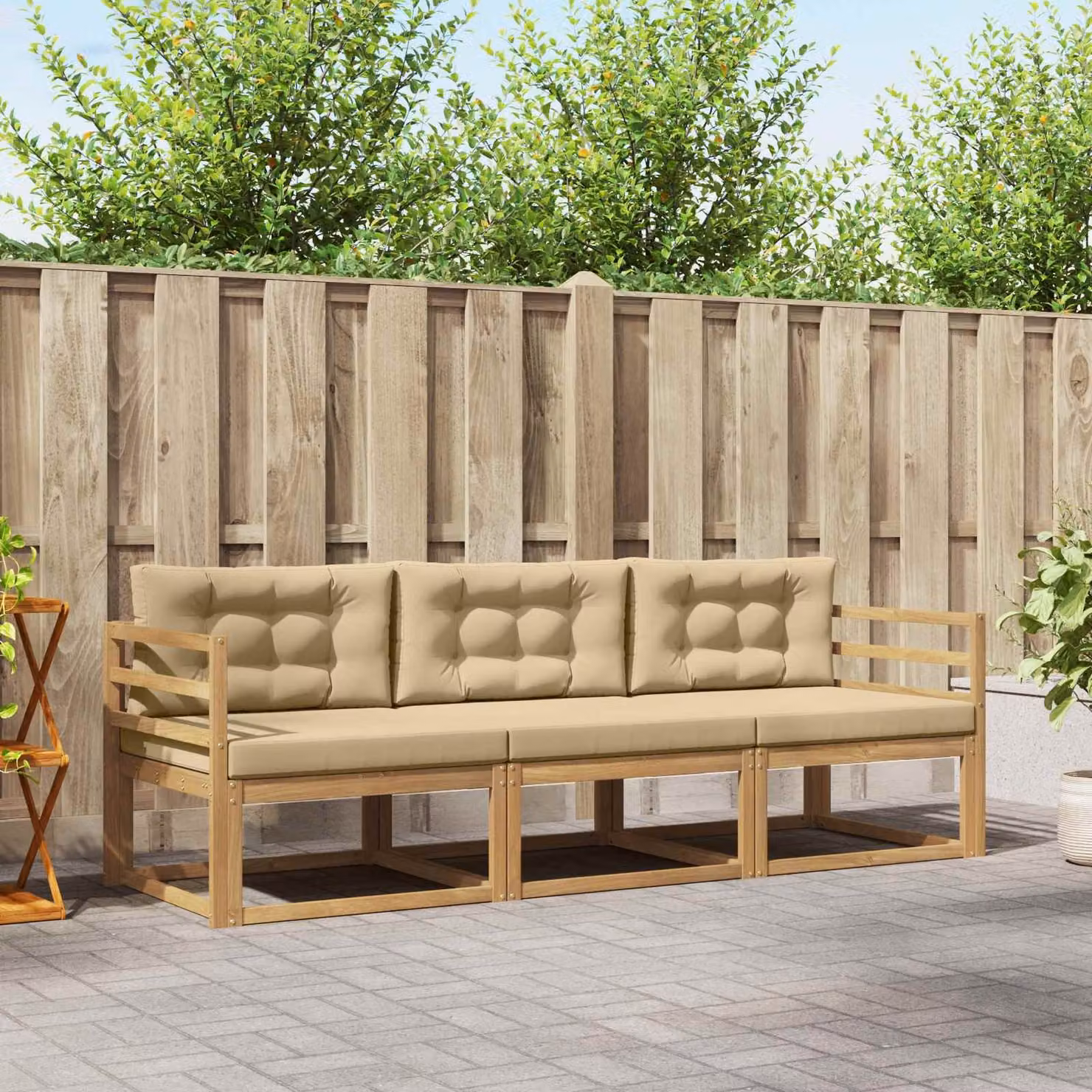 Set di divani da esterno vidaXL 3 pezzi in legno di acacia con cuscini, Bianco, Beige e Marrone