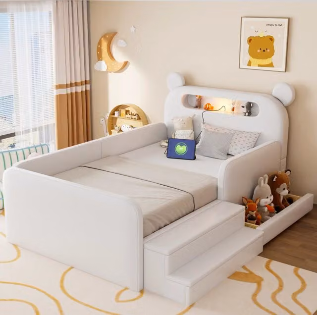 Letto imbottito bambini 90x200 cm con testiera a forma di orso; luce notturna; USB e contenitore; bianco