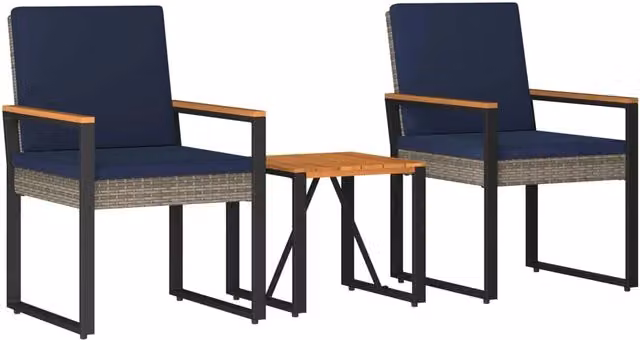 Set Salotto da Giardino 3 Pezzi in Polyrattan con Legno di Acacia Oliato Grigio e Blu Navy